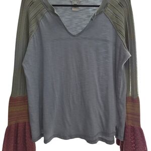 Sundance Olive and Gray Blouse with Burgundy Sleeves